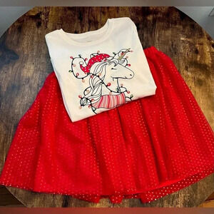 SET: Holiday Time | little girls holiday print tee + mesh skirt. Size: L (10-12)